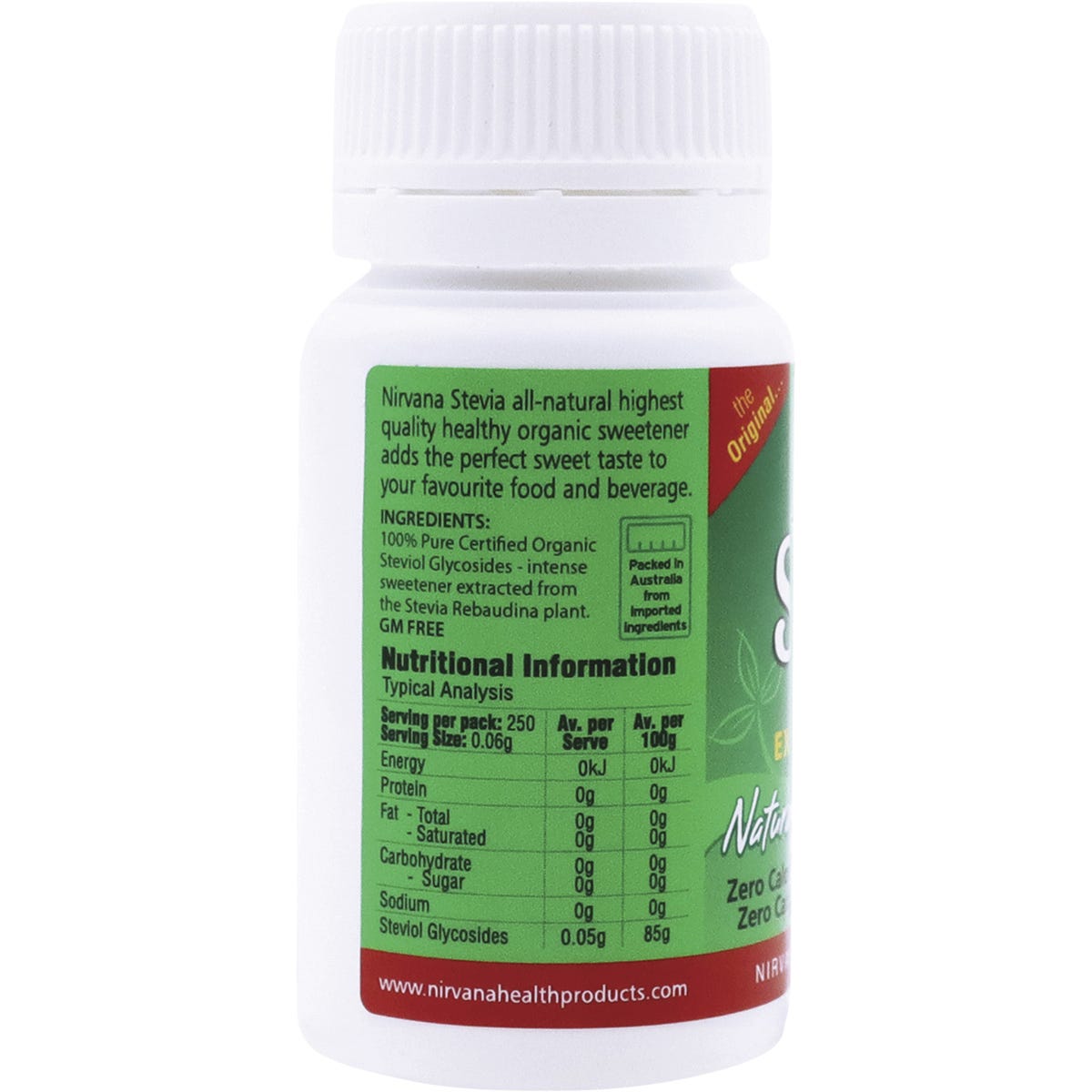 Side view of a 15g container of Nirvana Organics 100% Pure Stevia Extract Powder with a small white measuring scoop.