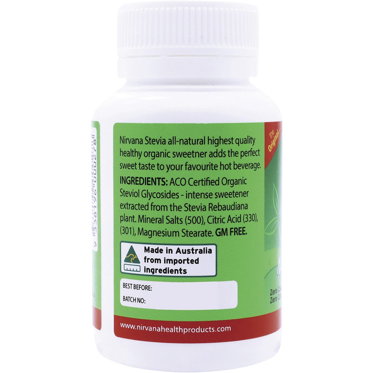 Nirvana Organics 30g stevia powder jar shown from a side angle highlighting the green and white label.