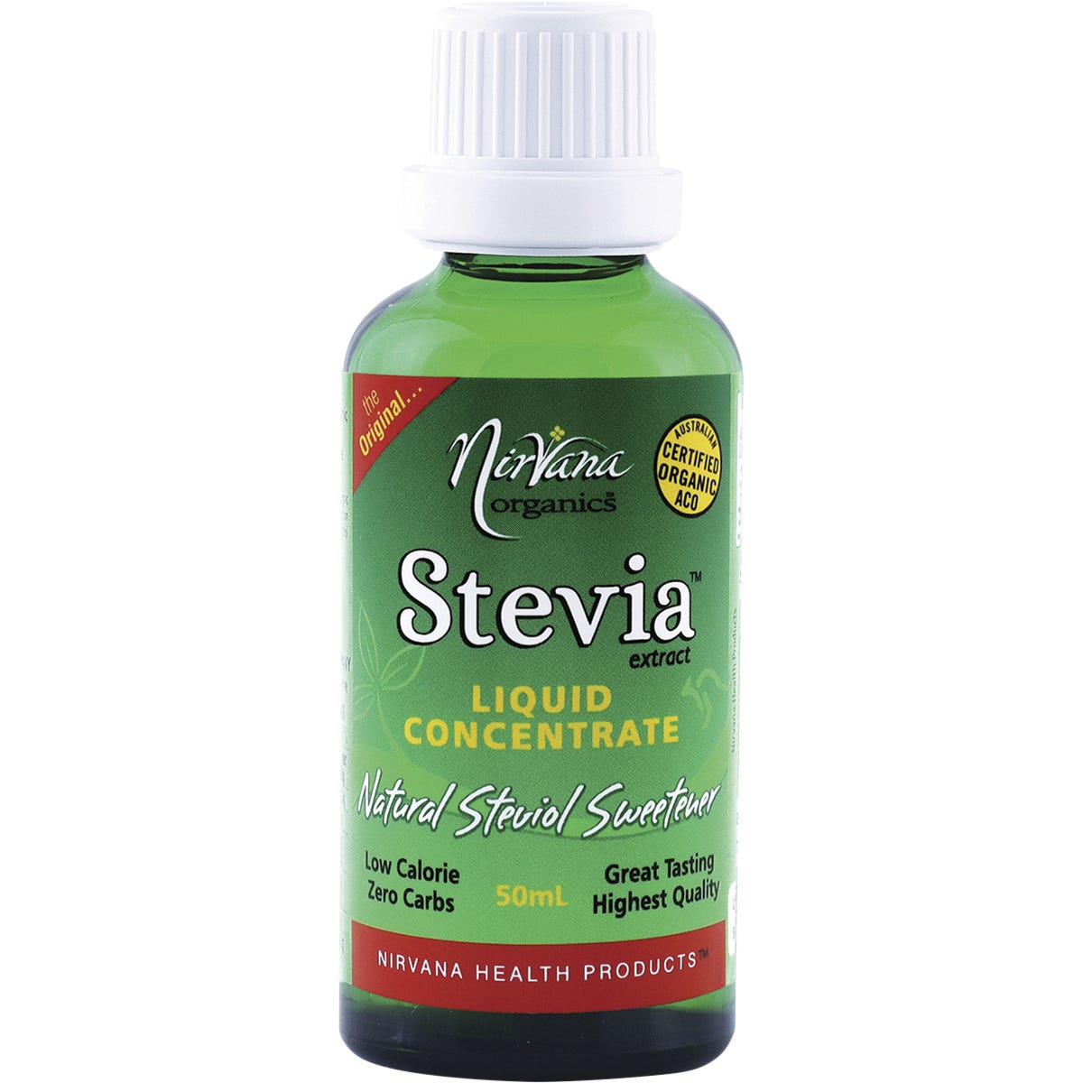 Nirvana Organics Stevia Liquid 50ml bottle with a dropper cap and a green label featuring stevia leaves.