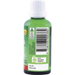 Right side of Nirvana Organics Stevia Liquid 50ml bottle showing nutrition facts and organic certification.