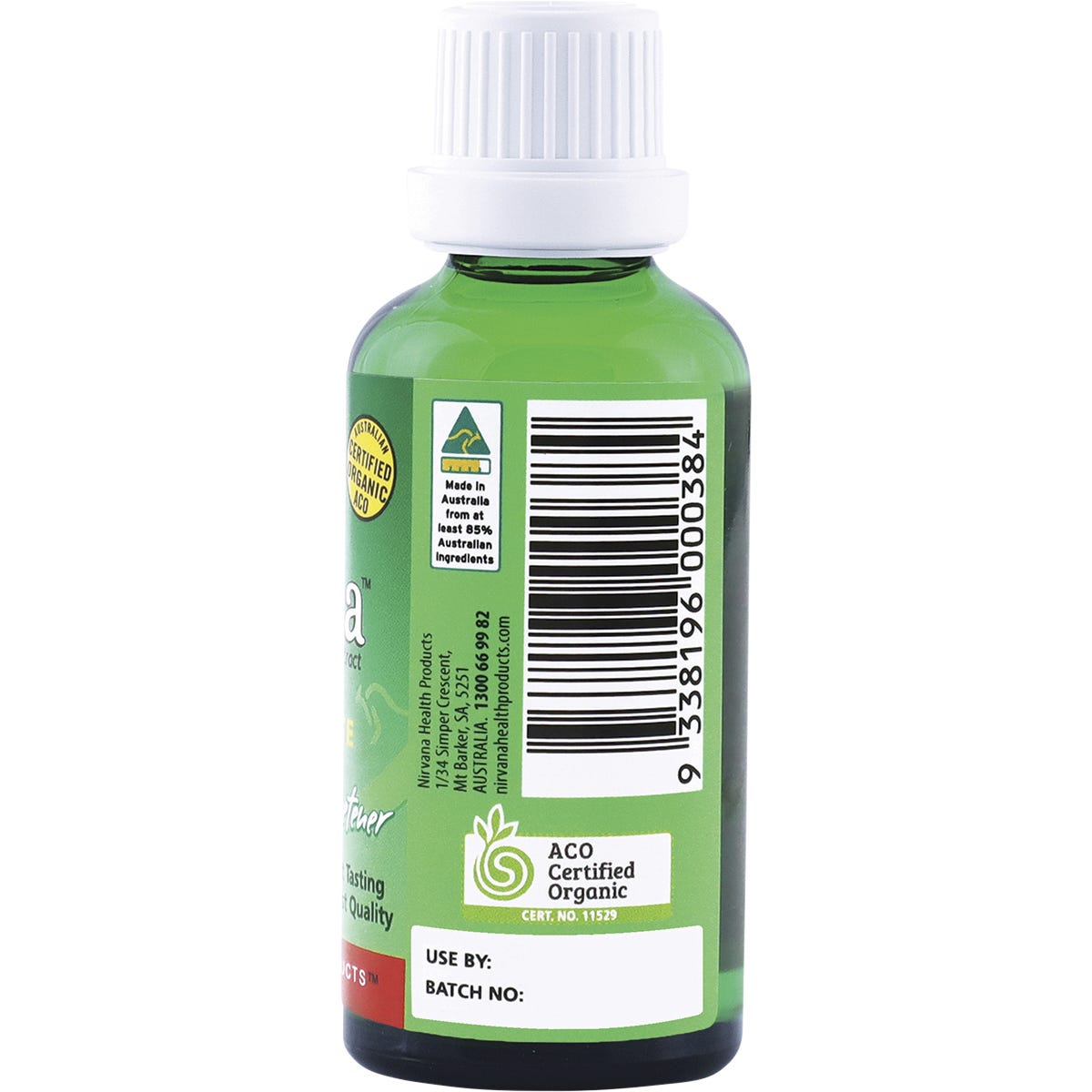 Right side of Nirvana Organics Stevia Liquid 50ml bottle showing nutrition facts and organic certification.