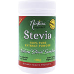 100g tub of Nirvana Organics Stevia 100% Pure Extract Powder with a green label and micro-scoop.