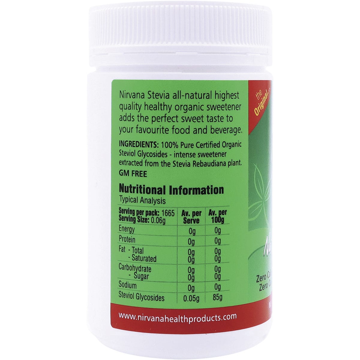 Side view of a 100g tub of Nirvana Organics Stevia 100% Pure Extract Powder showing nutritional information.