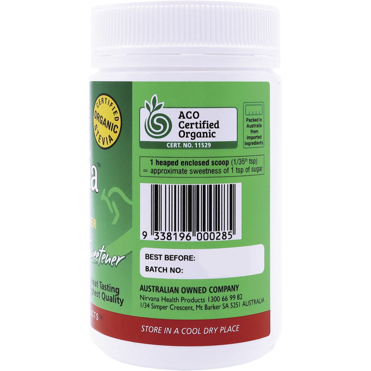 Right side of Nirvana Organics Stevia 100g tub showing product benefits and usage directions.