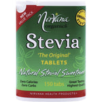 Nirvana Organics Stevia 150 tablets in a white flip-top container with a green and yellow label.