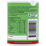 Back of Nirvana Organics Stevia 150 tablets container with nutritional information and ingredients on a green label.