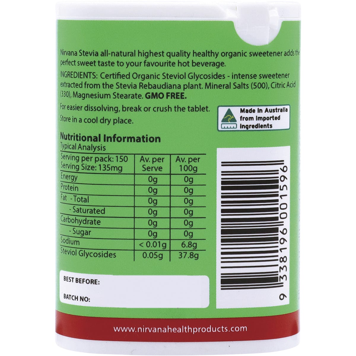 Back of Nirvana Organics Stevia 150 tablets container with nutritional information and ingredients on a green label.