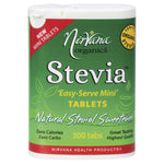 Nirvana Organics Stevia 300 mini tablets in a white and green portable dispenser with a green leaf design.