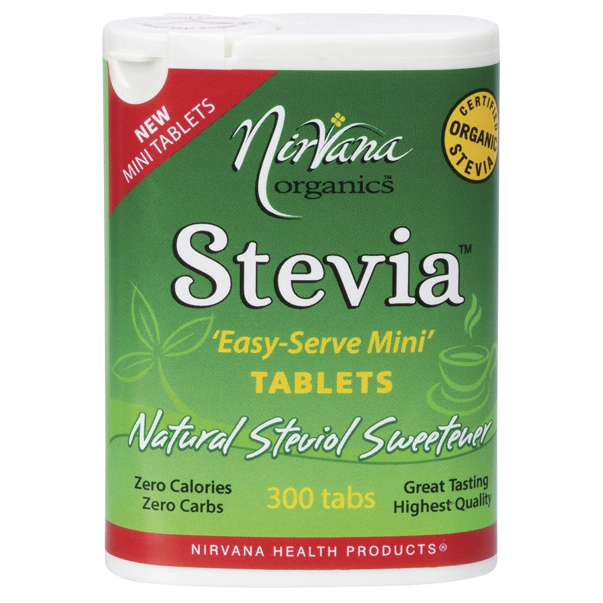 Nirvana Organics Stevia 300 mini tablets in a white and green portable dispenser with a green leaf design.