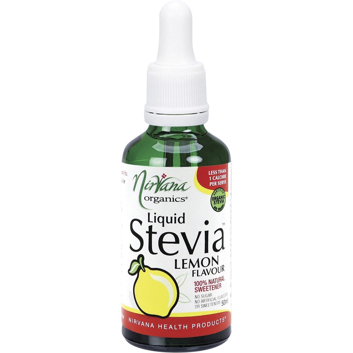 50ml bottle of Nirvana Organics Liquid Stevia Lemon with a yellow label and dropper cap on a white background.