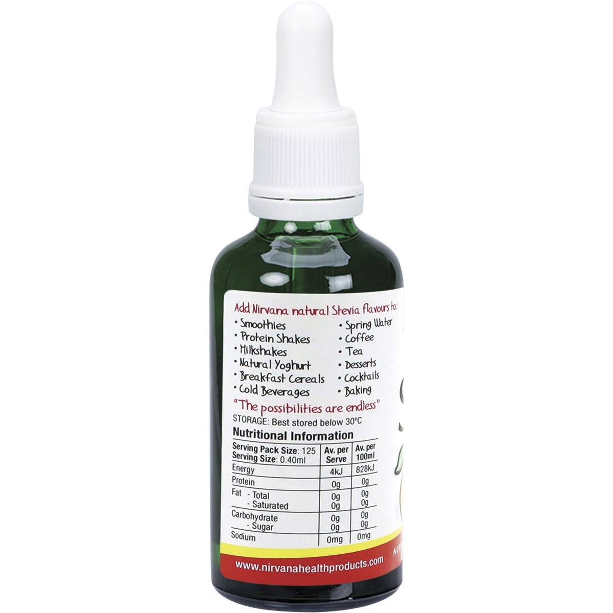 Nirvana Organics Liquid Stevia Lemon 50ml bottle with yellow label and dropper shown at an angle.