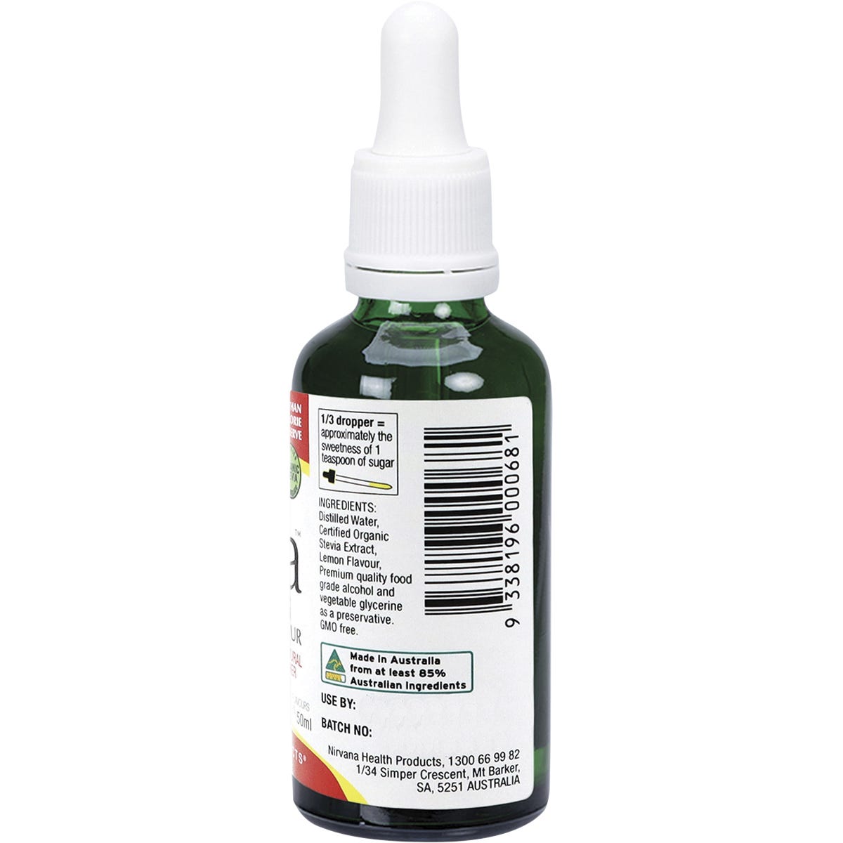 Right side of a Nirvana Organics Liquid Stevia Lemon 50ml bottle showing supplement facts and directions.