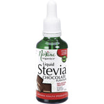50ml bottle of Nirvana Organics Liquid Stevia Chocolate sweetener with a dropper lid and brown botanical label.