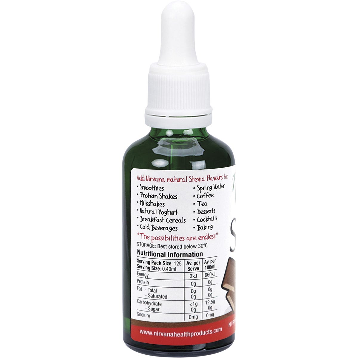 Side view of a 50ml bottle of Nirvana Organics Liquid Stevia Chocolate sweetener showing product benefits.