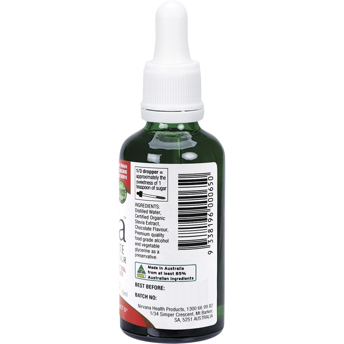 Right side of Nirvana Organics Liquid Stevia Chocolate 50ml bottle showing nutrition facts and ingredients.