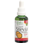 Nirvana Organics Liquid Stevia Caramel 50ml bottle with a dropper lid and a brown and gold label.