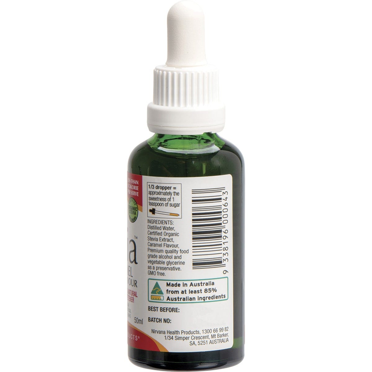 Nirvana Organics Liquid Stevia Caramel 50ml bottle with a dropper lid and brown label, shown from a side angle.