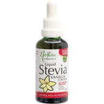 50ml bottle of Nirvana Organics Liquid Stevia Vanilla with a dropper lid and yellow vanilla flower illustrations.