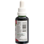 Right side of Nirvana Organics Liquid Stevia Vanilla 50ml bottle showing nutrition facts and vanilla illustrations.