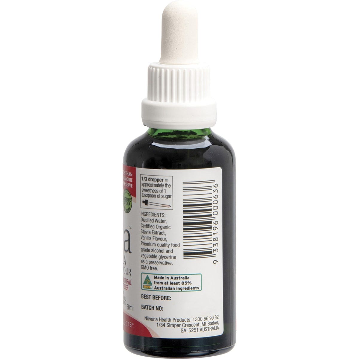 Right side of Nirvana Organics Liquid Stevia Vanilla 50ml bottle showing nutrition facts and vanilla illustrations.