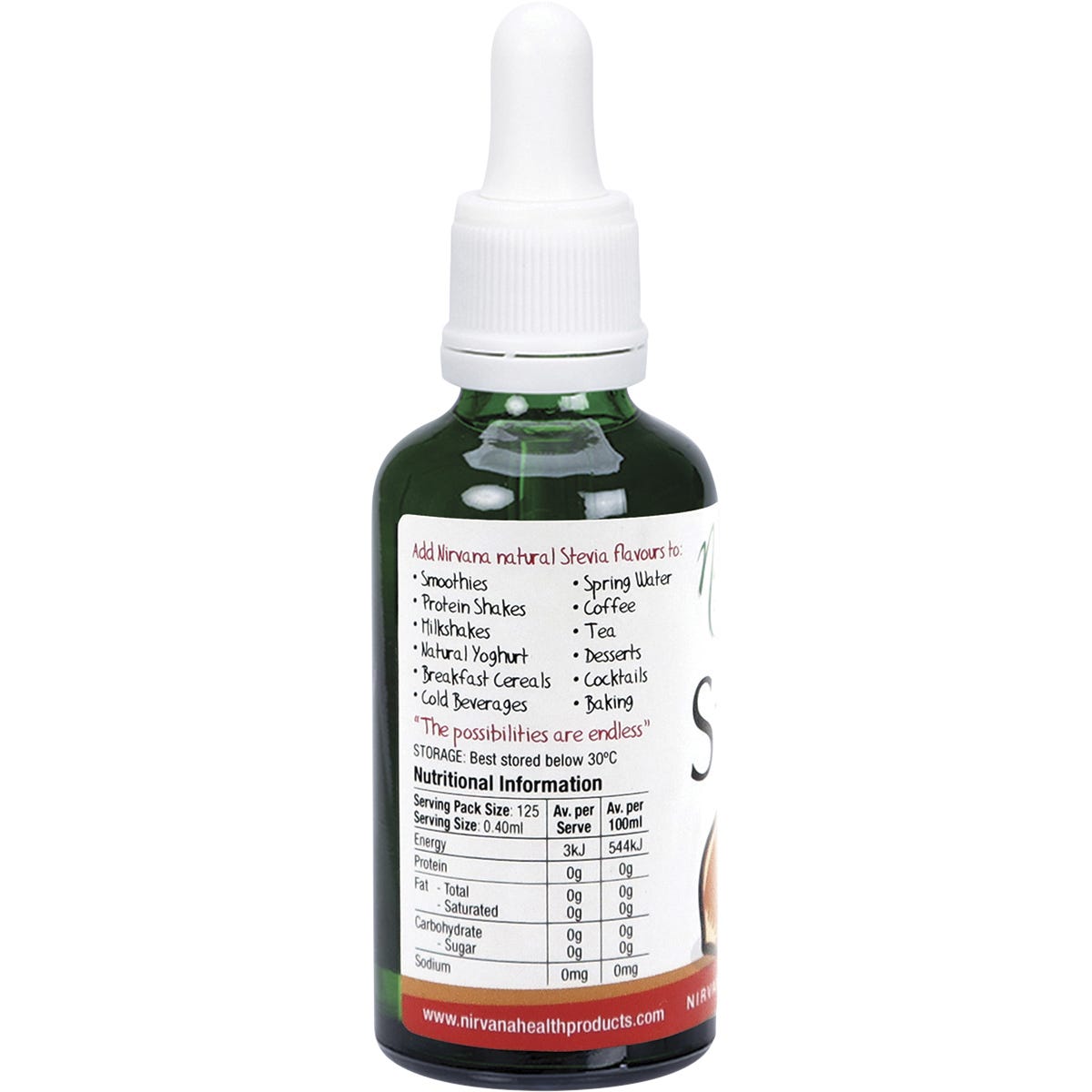 Nirvana Organics Liquid Stevia Hazelnut 50ml bottle shown from a side angle highlighting the label and dropper lid.