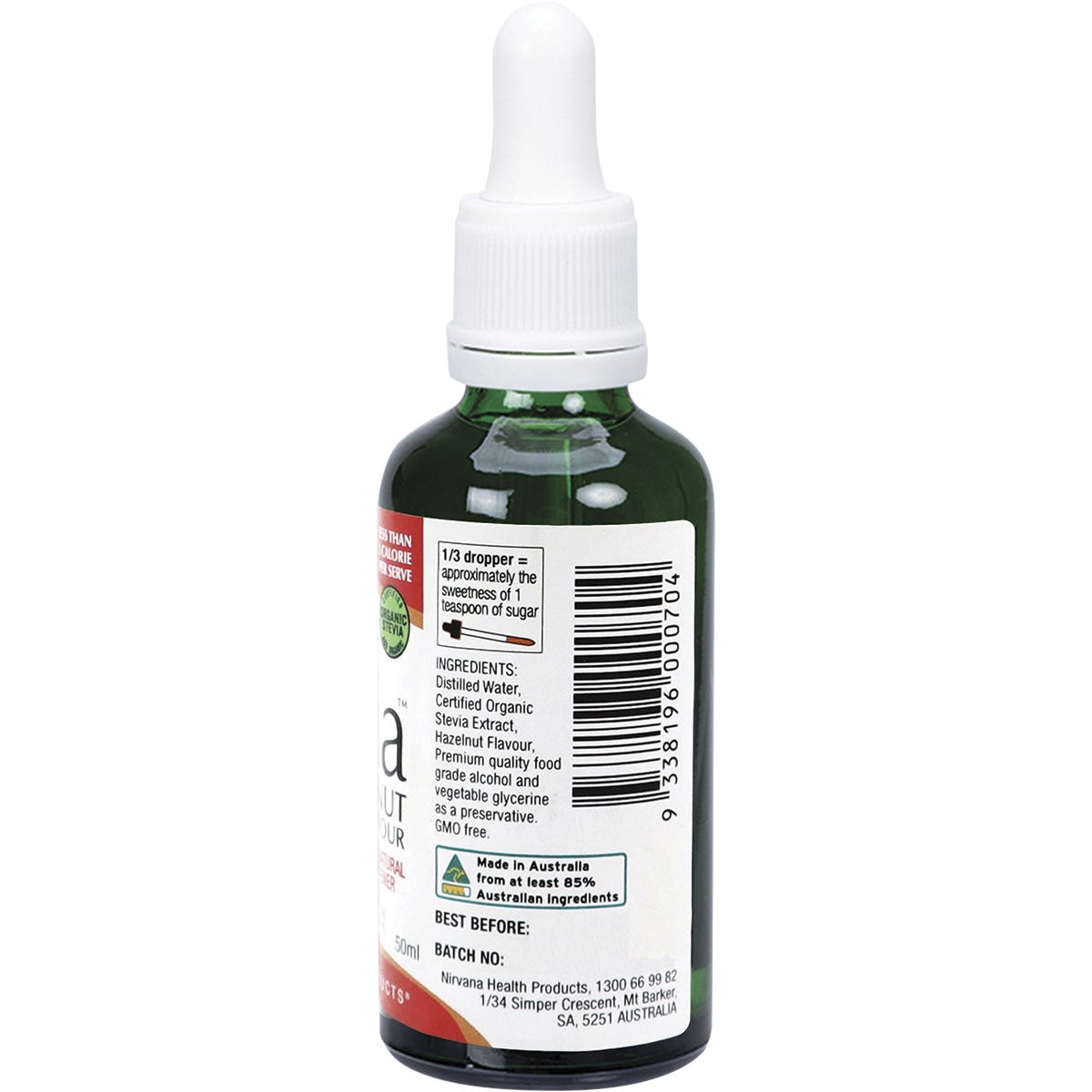 Side angle of Nirvana Organics Hazelnut Liquid Stevia 50ml bottle showing ingredients and organic certification.