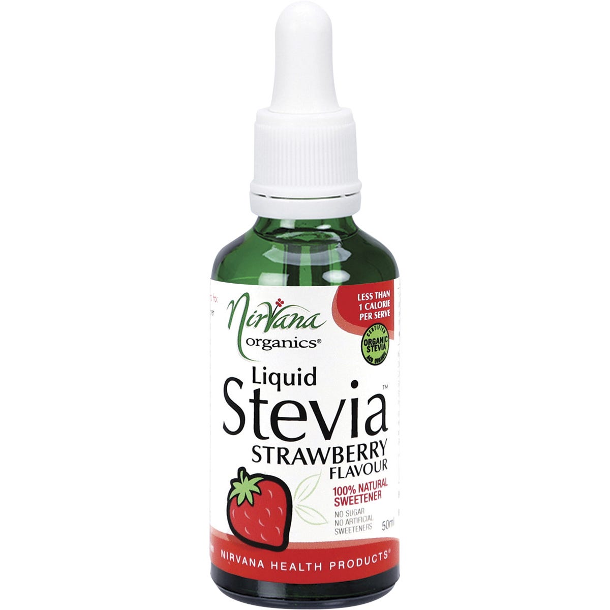 50ml bottle of Nirvana Organics Liquid Stevia Strawberry flavor with a dropper lid and organic certification logos.