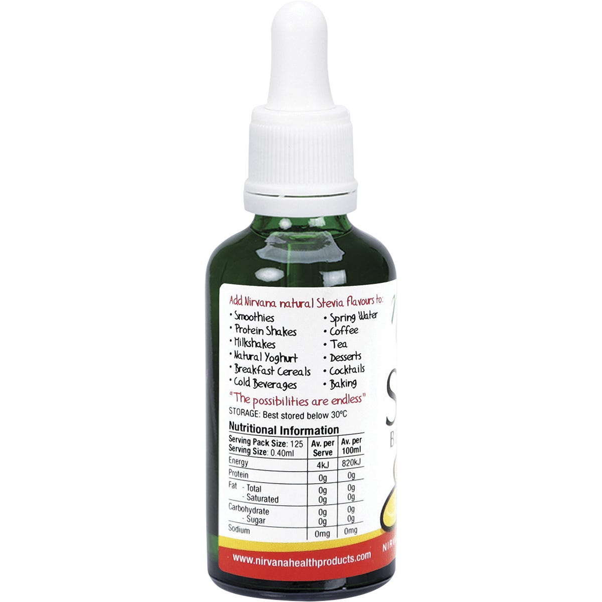 Side view of a 50ml Nirvana Organics Liquid Stevia Butterscotch bottle with an orange label and dropper lid.