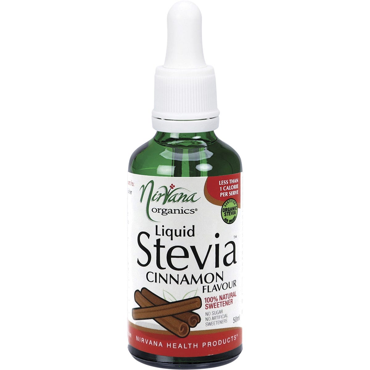 50ml bottle of Nirvana Organics Liquid Stevia Cinnamon with a dropper lid and a decorative brown and white label.