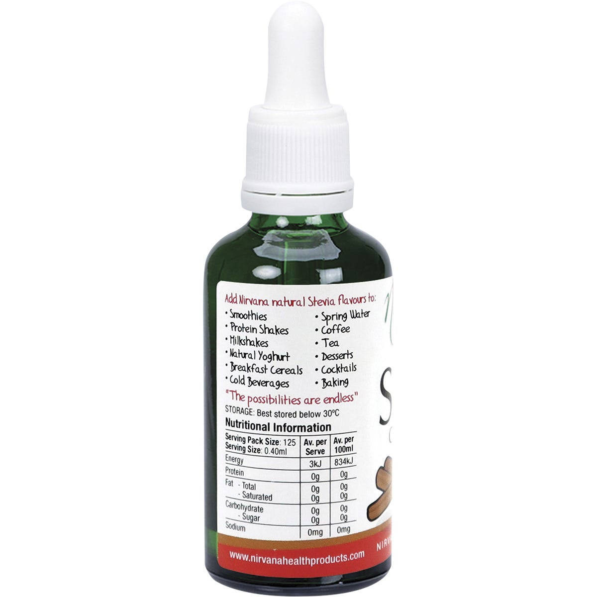 Nirvana Organics 50ml liquid cinnamon stevia bottle shown from a side angle against a white background.
