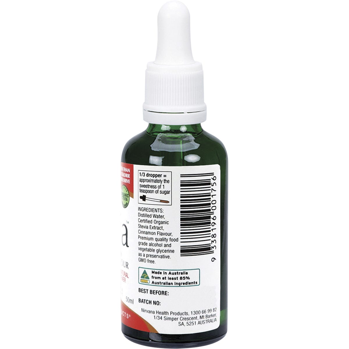 Side view of Nirvana Organics 50ml Cinnamon Liquid Stevia showing nutrition facts and usage directions.