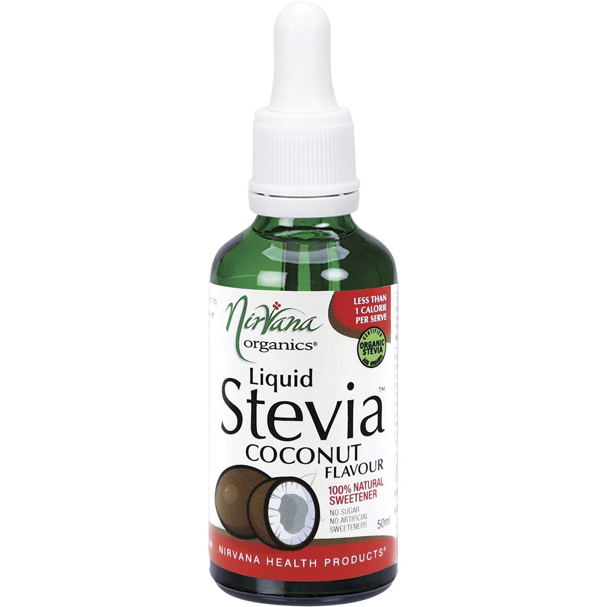 50ml bottle of Nirvana Organics Liquid Stevia Coconut flavor with a dropper lid.