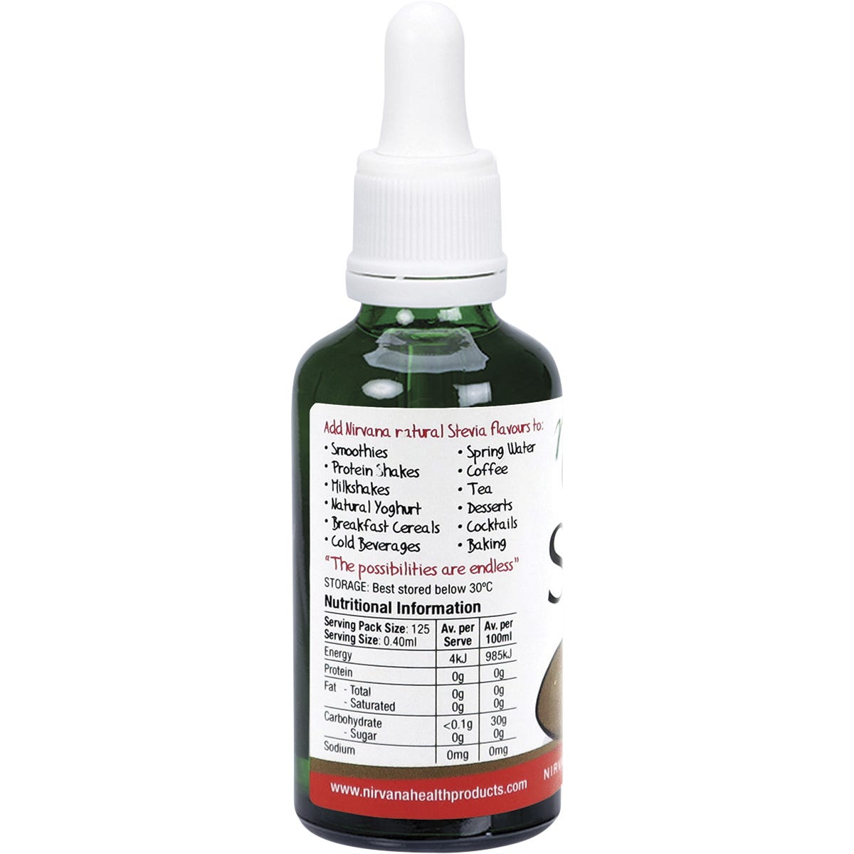 Side view of a 50ml bottle of Nirvana Organics Liquid Stevia Coconut flavor.