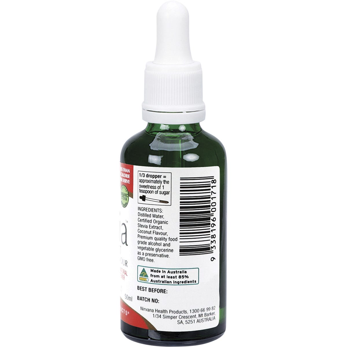 Right side of a 50ml bottle of Nirvana Organics Liquid Stevia Coconut showing nutrition facts and ingredients.