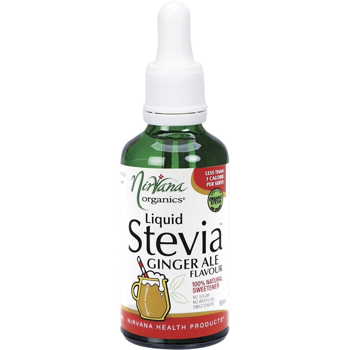Nirvana Organics 50ml Ginger Ale Liquid Stevia bottle with a dropper lid and yellow label on a white background.