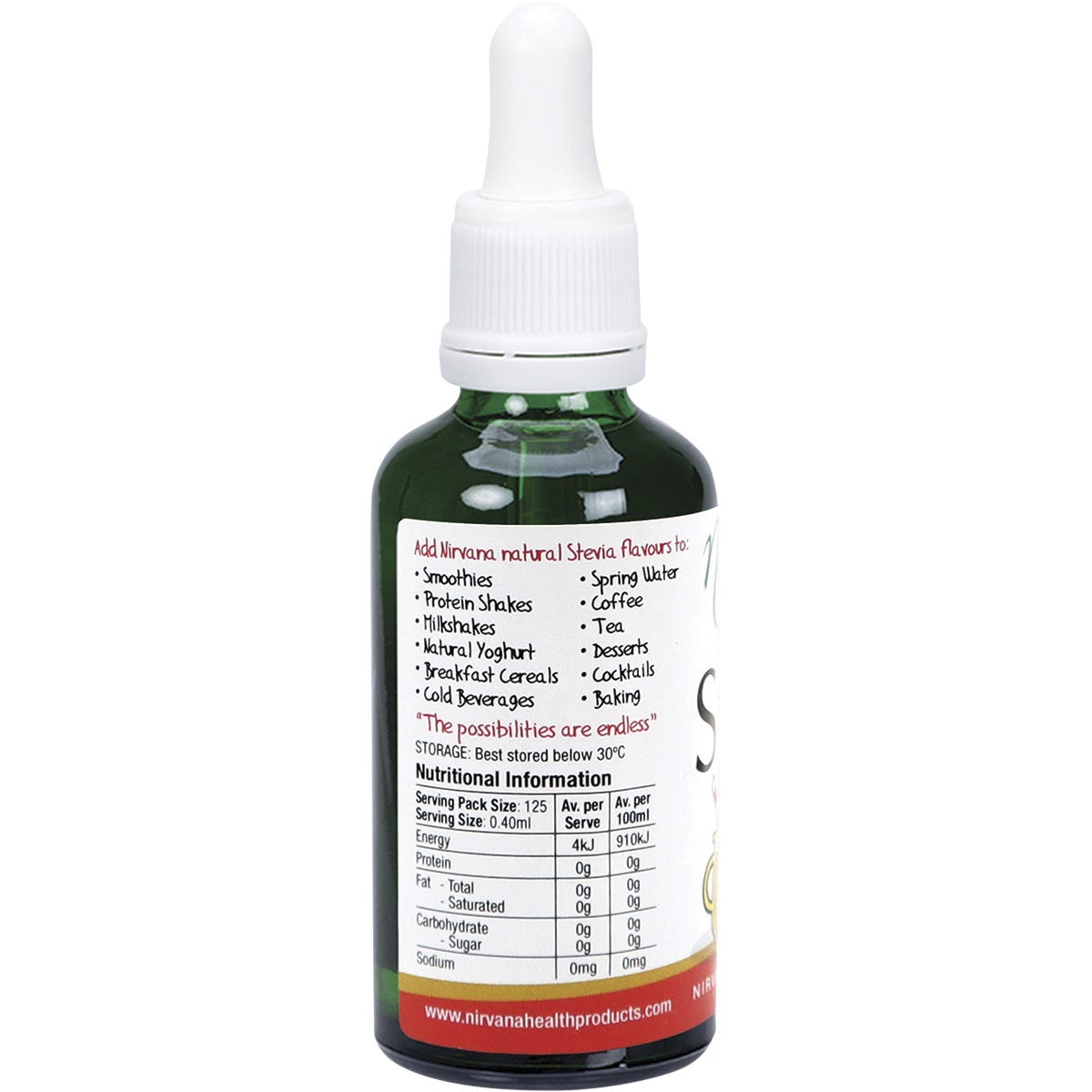 Left side of Nirvana Organics Ginger Ale Liquid Stevia 50ml bottle showing usage ideas and yellow label.