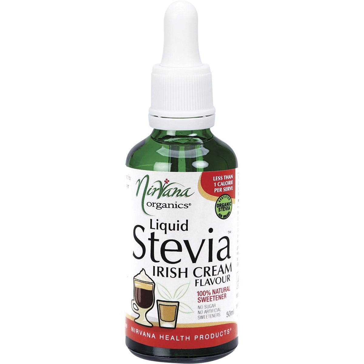 50ml bottle of Nirvana Organics Liquid Stevia Irish Cream with a dropper lid and a decorative cream-colored label.