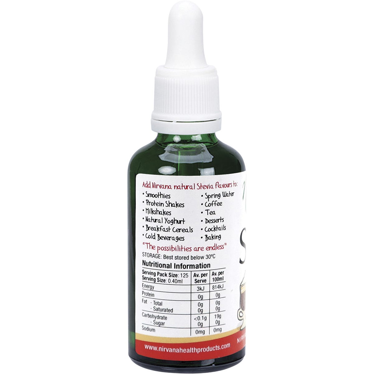 50ml bottle of Nirvana Organics Liquid Stevia Irish Cream with a dropper lid, shown from a left-side angle.