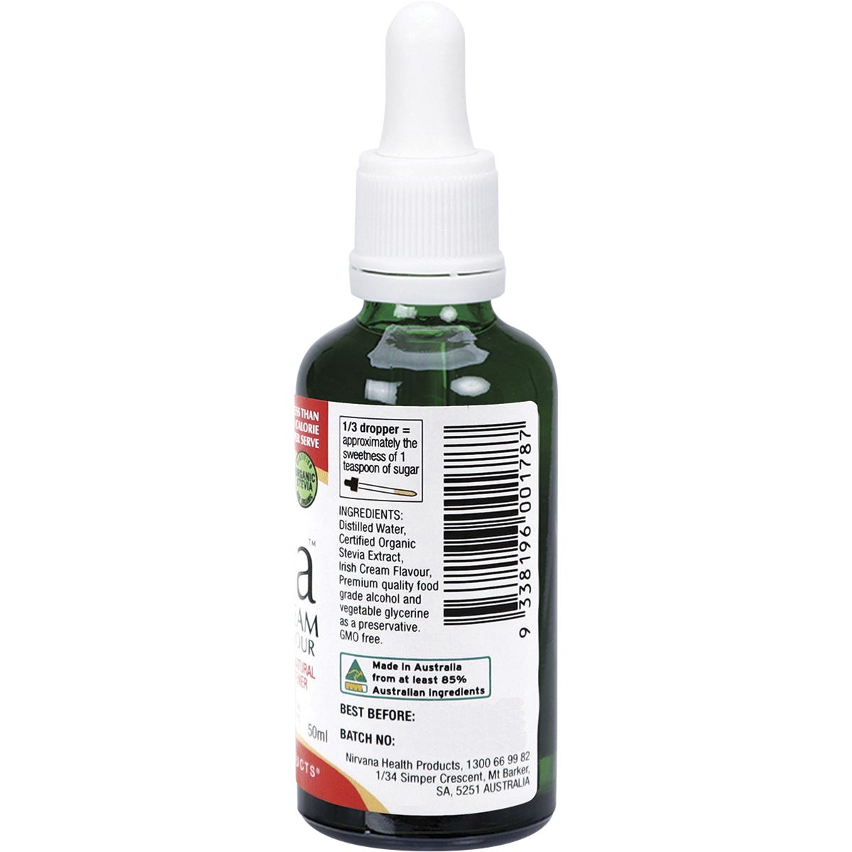 Right side of Nirvana Organics Liquid Stevia Irish Cream 50ml bottle with nutrition facts and ingredients.