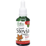 Nirvana Organics Liquid Stevia Maple 50ml bottle featuring a brown label with a maple leaf illustration.