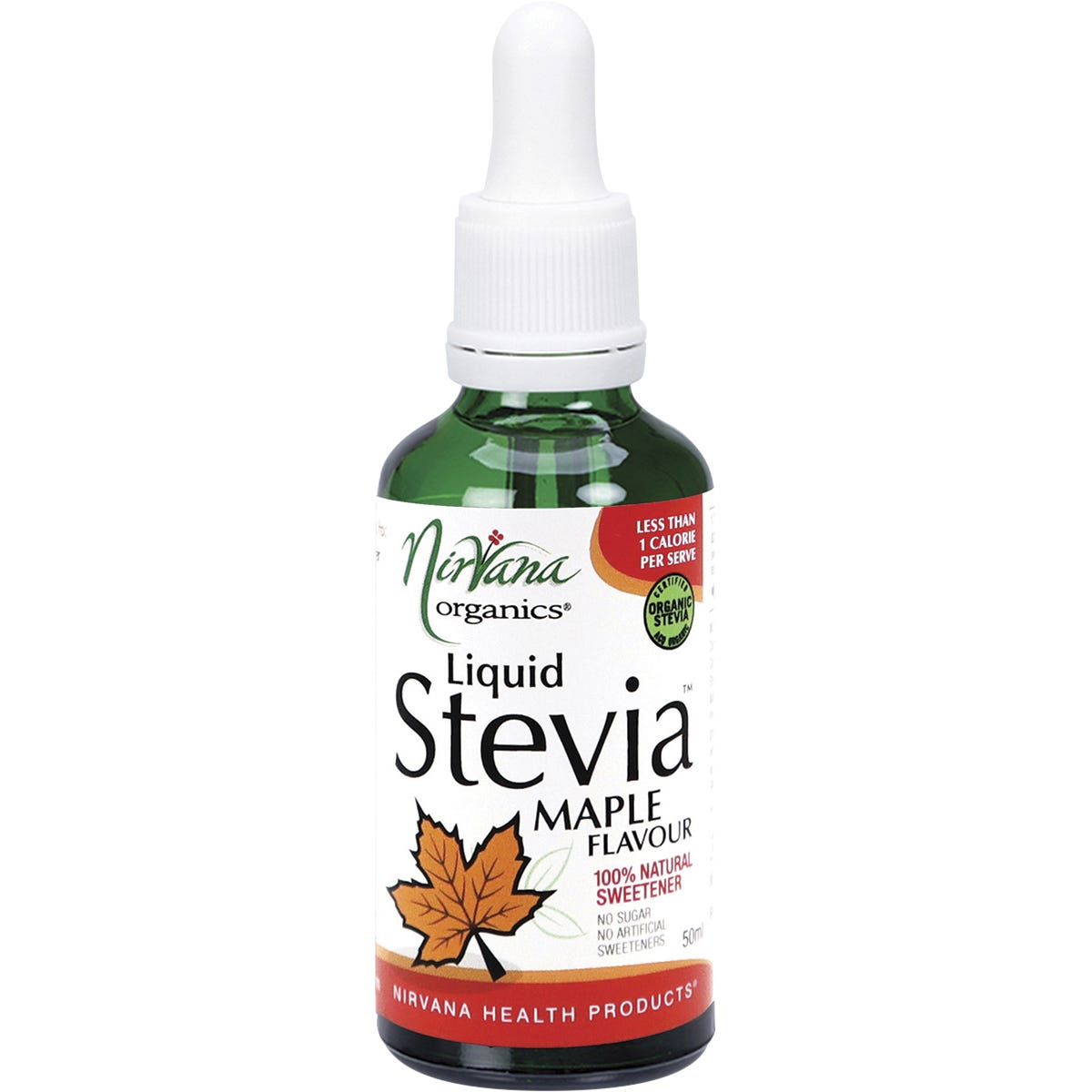 Nirvana Organics Liquid Stevia Maple 50ml bottle featuring a brown label with a maple leaf illustration.