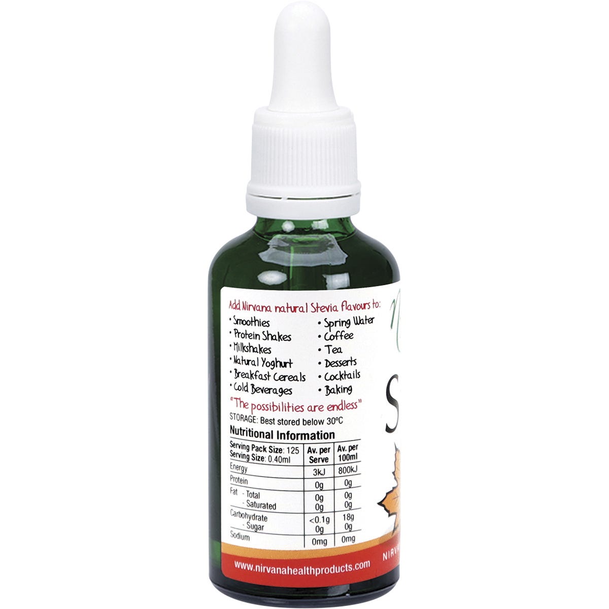 Nirvana Organics Liquid Stevia Maple 50ml bottle shown from a side angle against a white background.
