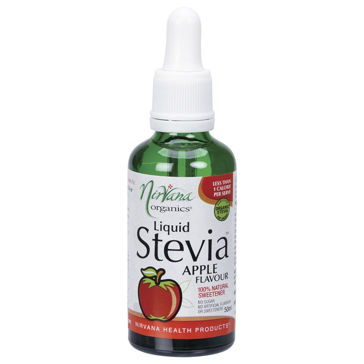 Nirvana Organics 50ml Liquid Stevia Apple bottle with a dropper lid and green label featuring apple illustrations.