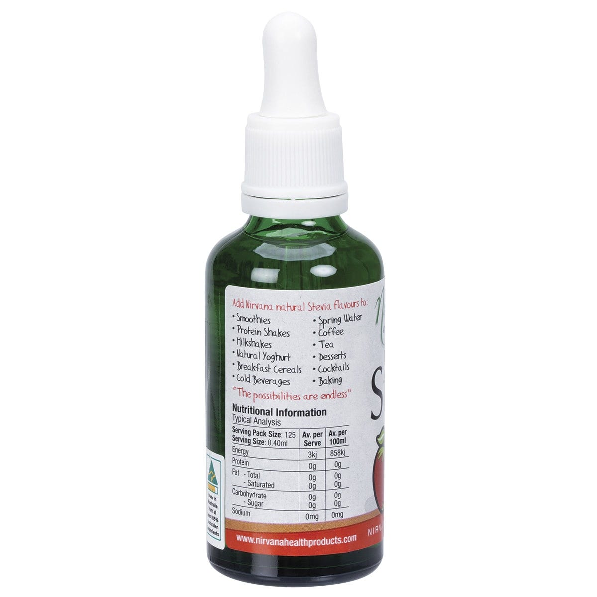 Nirvana Organics 50ml apple liquid stevia bottle shown from a side angle, highlighting its green and white label.