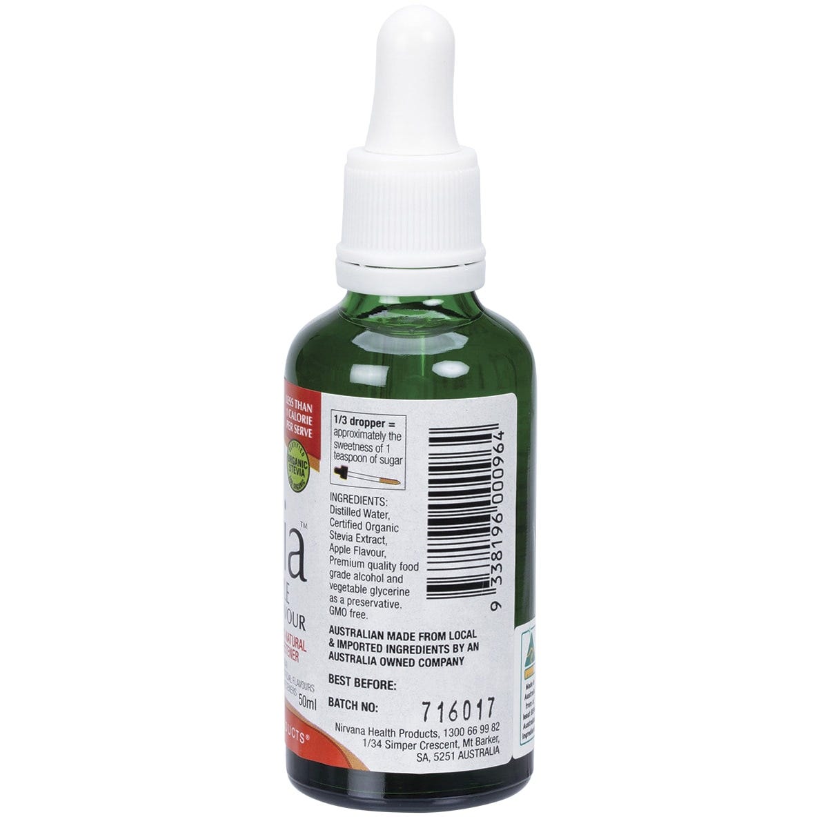 Side view of Nirvana Organics 50ml apple liquid stevia bottle showing nutrition facts and usage directions.