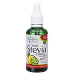 50ml bottle of Nirvana Organics Liquid Stevia Citrus with a dropper cap and a yellow label featuring citrus fruit.