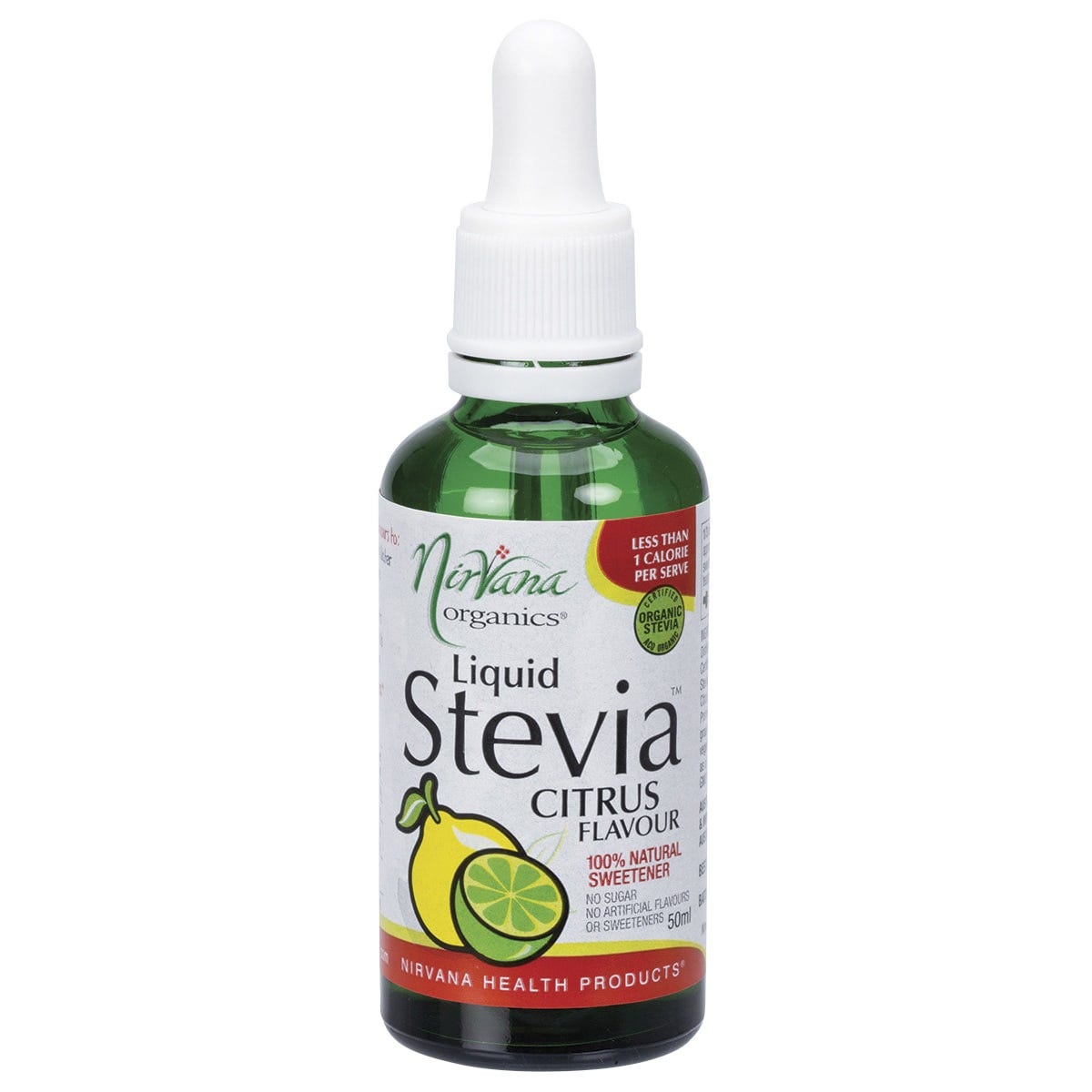 50ml bottle of Nirvana Organics Liquid Stevia Citrus with a dropper cap and a yellow label featuring citrus fruit.