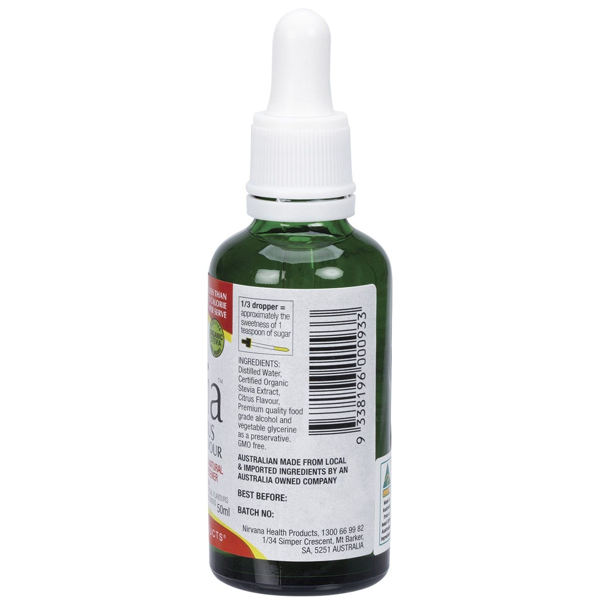 Side view of Nirvana Organics Liquid Stevia Citrus 50ml bottle showing nutrition facts and ingredients.
