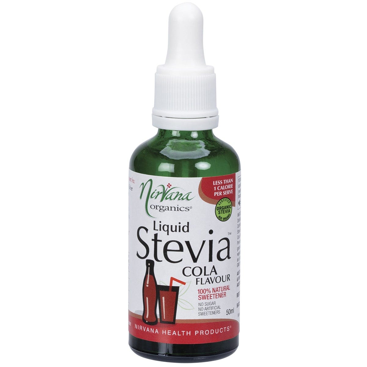 50ml bottle of Nirvana Organics Liquid Stevia Cola flavor with a dropper cap and brown botanical label.