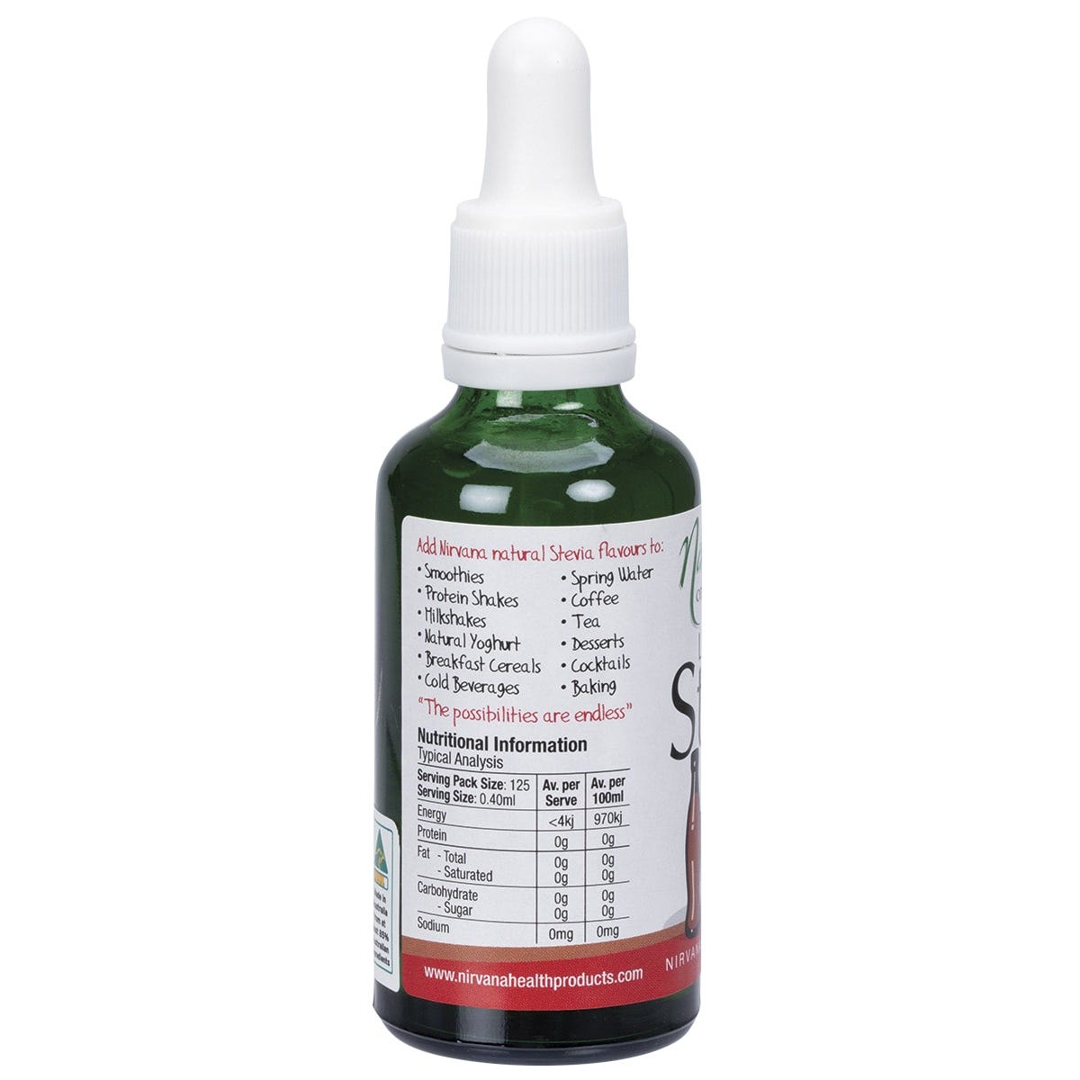 50ml Nirvana Organics Liquid Stevia Cola bottle with a dropper cap, shown from a side angle on a white background.